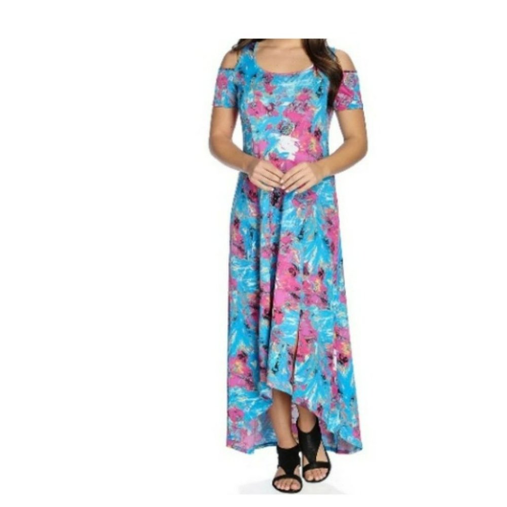 Kate‎ & Mallory Scoop Neck Multi-Color Hi-Low Cold Shoulder Maxi Dress Size XS